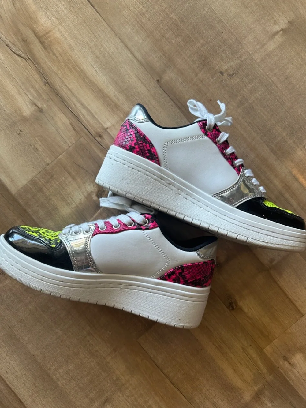 Guess White Platform Sneakers with Neon Pink and Neon Yellow Snakeskin Accents
